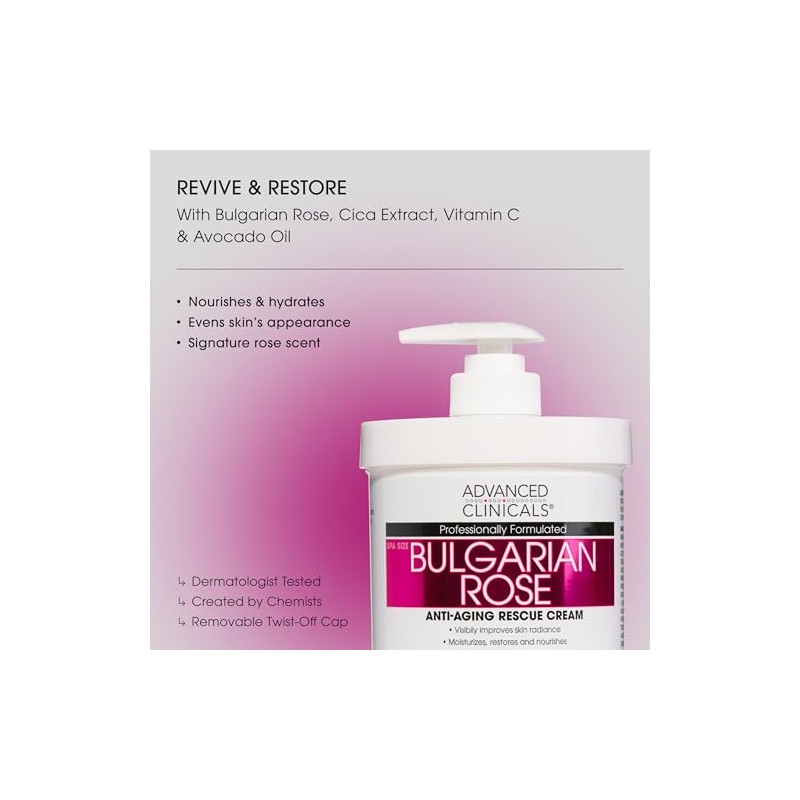 Advanced Clinicals Bulgarian Rose Oil Cream Anti Aging Rescue For