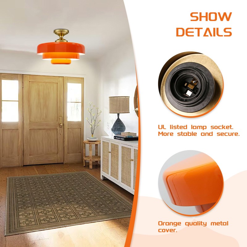 Qepeety Mid Century Ceiling Light Fixtures Orange Chandelier 3-Layer Gold