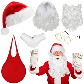 Newcotte 6 Pcs Adults Christmas Santa Costume Accessories Santa Fake Padded Belly White Beard Wig Santa Hat Round Glasses Gloves for Men Women Christmas Cosplay Party Photo Prop