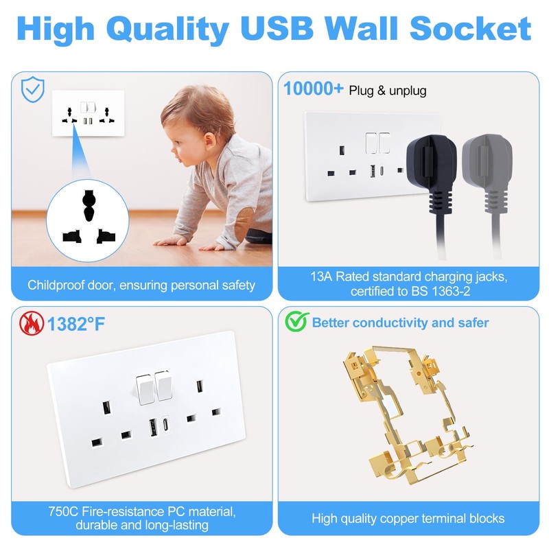 Electrical Double Switched Power Wall Plug Socket with Two USB