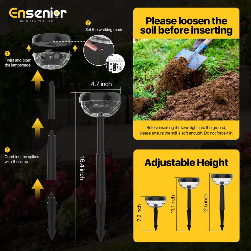 Ensenior 8-Pack Solar Lights Outdoor, Auto ON/Off 6500K LED Solar