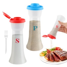 2 Pcs Plastic Salt And Pepper Shakers With Lids, Salt And Pepper Containers, Hourglass Spice Jar Dispenser for Camping Outdoors Kitchen Lunch, Moisture-Proof(COLOR:Red+Blue)