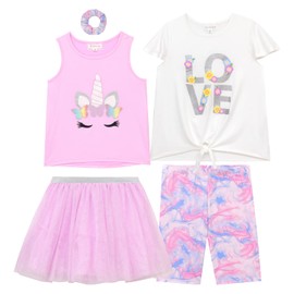 BTween Girls 4 Pack Floral Fashion Summer Clothes Set Tutu Skirt Tank Top Short Sleeve and Biker Shorts