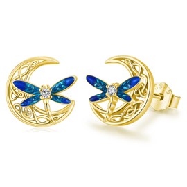 Celtic Moon Earrings 925 Sterling Silver Dragonfly Earrings Celtic Stud Earrings Dragonfly Jewelry Gift Birthday Christmas for Women Girls, Sterling Silver