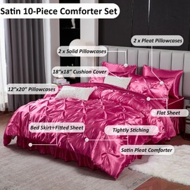 Bedbay Satin King Size Comforter Set 10 Pcs,Bed in a Bag King,Pinch Pleat Bedding Set,Home Decor,Hot Pink Pintuck Luxury Bed Comforter Set,Soft Silky Down Alternative Comforter Bed Set for All Seasons
