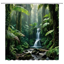 ZNLSU Green Forest Shower Curtain Nature Tropical Palm Tree Waterfall Rainforest Jungle Natural Scenery Landscape 70" WX70 H Bathroom Decor Fabric Curtain with Hooks