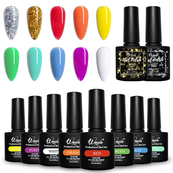 Wenida Nail Polish 10 Colors Rainbow Holographic Sparkling Gold Silver Chrome Chunky Glitter Soak Off Gel Nail Varnish for Home DIY Nail Manicure Art