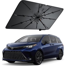 Parasol tipo paraguas para parabrisas para Toyota Sienna 2000-2026, parasol plegable con bloqueo UV al 100%, aislamiento térmico multicapa, marco reforzado de 10 varillas, mantiene el auto