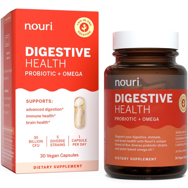 Nouri Digestive Health Probiotic and Omega Oil, Probiotics for Digestive Health, For Men and Women, Take Daily - 30 Day Supply
