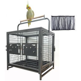 25 Inch Wrought Iron Bird Parrot Travel Veterinary Carrier Cage Wooden Perch Stand with Cover for Conures Lovebird Cockatiel Parakeets Budgie Included Cage Cover