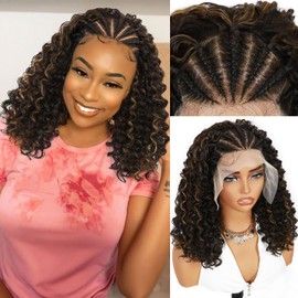 Fancy Hair Cornrow with Curly Hair Wig HD Lace Front Braided Wig with Baby Hair Pre Plucked Glueless Transparent 13x4 Inch Lace Frontal Wig for Black Women (2#/27#)