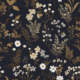Laatse Dark Floral Wallpaper Peel and Stick 17.5" x 393" Navy Gold Leaf Wallpaper Vinyl Waterproof Self-Adhesive Boho Botanical Wall Paper Navy Blue Decor for Bathroom Bookcase Bedroom Cabinet