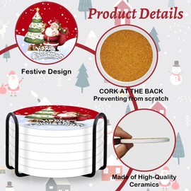 Comesix Ceramic Christmas Coasters with Holder - Absorbent Ceramic Coasters Set of 6, 4” Cute Round Holiday Coasters, Home Bar Accessories for Home Christmas Party Table Decoration