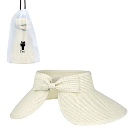 Andiker Straw Hat Sun Visor Hat with Wide Brim for Women Women Foldable Cap Ponytail Beach Hat with Storage Bag for Summer Black White Beige, White, 44