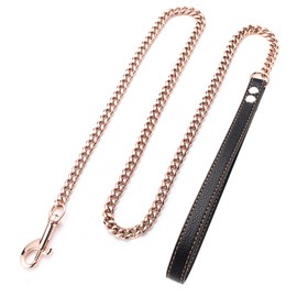 Aiyidi Rose Gold Chain Leash for Dogs, Stainless Steel 11mm /15mm Metal Curb Cuban Link Leash for Dog Walking Training, 3FT 4FT 5FT with Genuine Leather Handle, for Small Medium Large Dogs(11MM, 5FT)