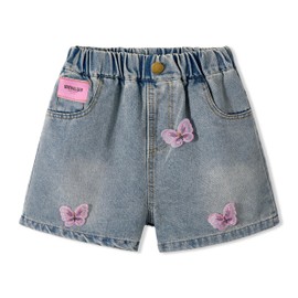 Rolanko Girls' Jeans Shorts, Elastic Waistband, Summer Ripped Hot Short Jeans with Pockets for Children, butterfly, 9 - 10 years