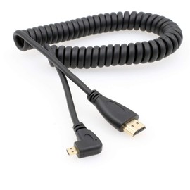 HangTon - Cable en espiral micro HDMI a HDMI HDTV para DSLR, teléfono celular, tablet, portátil, cámara DV, monitor de computadora, 4 pies, ángulo recto, 90 grados