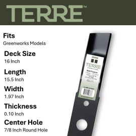 Terre Product Standard Lawn Mower Blade 16” Deck Greenworks 25322 25142
