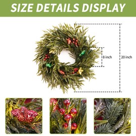 CHEAWRTZ Christmas Wreath, Christmas Wreaths for Front Door, 20" Pre-Lit Christmas Wreath with 25 LED Lights, Willow Pine Wreath Decorated with Star, Berries for Indoor Outdoor Wall Mantle Door Decor