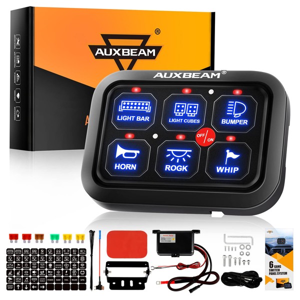 Auxbeam 6 Gang Switch Panel BC60, Universal Circuit Control Relay System Box with Automatic Dimmable On-Off LED Switch Pod Touch Switch Box for Car Pickup Truck UTV ATV Boat, 2 Year Warranty, Blue
