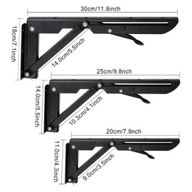 2 x Folding Brackets Heavy Duty 250 mm, Black Metal Folding Bracket, Shelf Bracket, Wall Bracket, Folding Angle for Table Tops, Load Capacity 50 kg, Wall Shelf Bracket, Stainless Steel