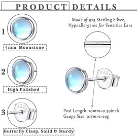 Sanfenly 925 Sterling Silver Moonstone Stud Earrings 14K White Gold Synthetic Round Moonstone Small Stud Earrings for Women