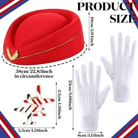 Pilot and Flight Attendant Accessories for Adult Men and Women Costume Accessory Stewardess Outfits Bellhop Hat Scarf Sunglasses Gloves (Red)