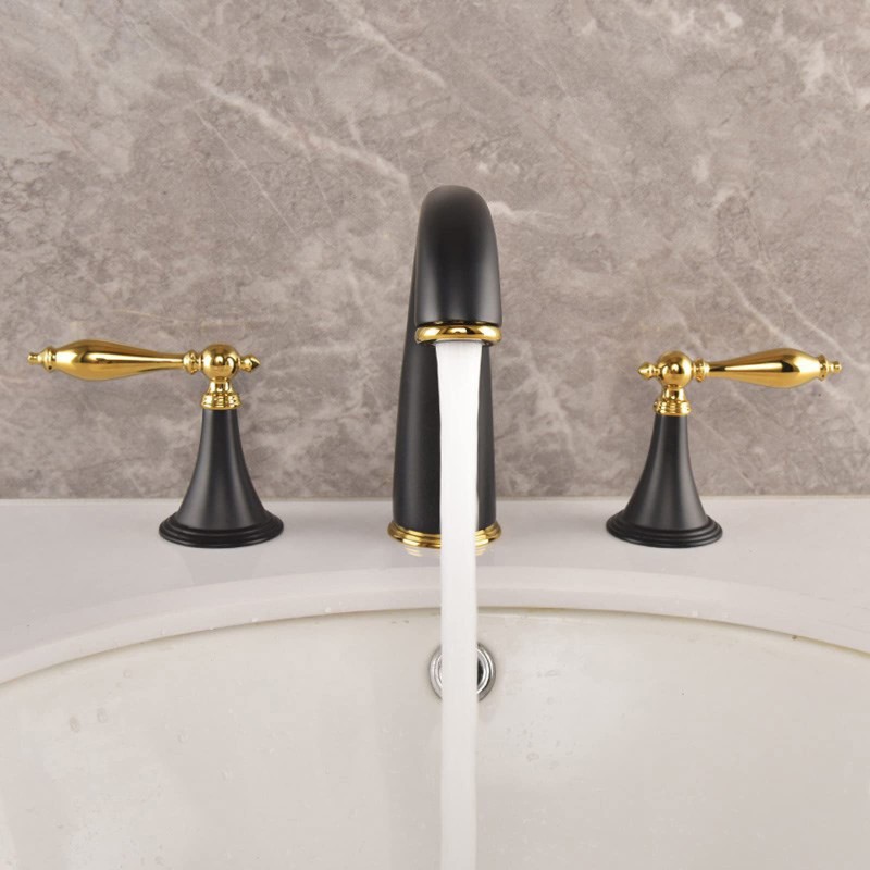 Bathroom Sink Faucet 3 Hole Black Gold, Vintage Brass Bathroom