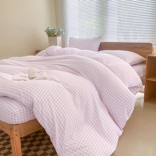 NSNLGSGC Pink Gingham Duvet Cover Set Twin, Grid Simple Geometric