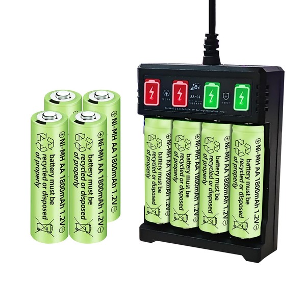 Fytoo - 8 baterías AA Ni-MH de 1,2 V 1800 mAh y cargador USB para micrófono inalámbrico, juguetes eléctricos, mouse RC, calculadora, afeitadora, teclado, electrodomésticos, baterías recargables con luces solares