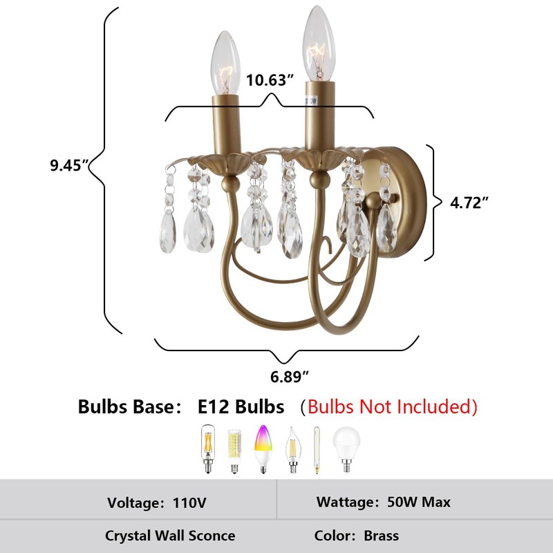 Sedelan Crystal Wall Sconce 2-Lights, Antique Wall Sconces Indoor, Brass