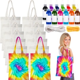 SilTriangle Tie Dye Kit Includes 12 Blank Tote Bags, 12 Colors Concentrates Pre-Filled Bottles, 20 ft Cotton Strings & 20 Rubber Bands for DIY Tie Dye Party Groups Supplies