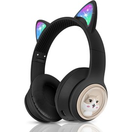 Woukksy Bluetooth Kopfhörer Kinder, Faltbar 85dB Mädchen Kopfhörer Over Ear, Kabellos Kinderkopfhörer mit LED-licht Katzenohren und Mikrofon für Schule/Tablet/Handy/PC (Schwarz)