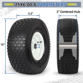 GICOOL 15x6.00-6 Flat Free Lawn Mower Tire and Wheel, 15x6-6nhs Riding Mowers Lawn Tire and Wheel with 3/4" Bearing, 3" Centered Hub, 2 Pack