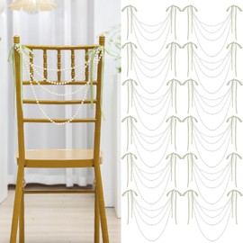 Wonderjune 16 Pcs 16 Pcs Wedding Pearl Bow Chair Decor Satin Ribbon Bows with Pearl Beaded String Garland Aisle Chair Sashes Decorations for Ceremony Coquette Party Banquet Decor (Sage Green)
