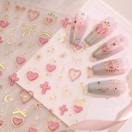 Pink Heart Nail Art Stickers 5D Embossed Gold Nail Decals Moon Star Nail Stickers for Nail Art Gold Bow Nail Design Pink Nail Art Supplies for Women Gilrs DIY Manicure