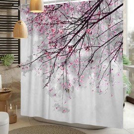 Xiaoterna Spring Shower Curtain, Cherry Blossom Shower Curtain, Red Plum, Floral Bathroom Curtain, Chinese Oriental Ink Painting, Shower Curtain, Machine Washable, Waterproof Fabric, 180 x 180 cm