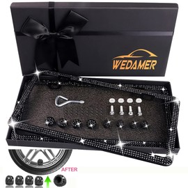 WEDAMER Black Bling License Plate Frame for Women, 2 Pack Black Sparkly Rhinestone Diamond License Plate Frame Glitter Bedazzled License Plate Frame Bling Car Licence Plate Frame Holder Cover Gift Box