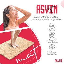 Asvin Non Slip Shower Mat & Bath Mat 40x60cm Beige, Anti Mould Loofah for Wet Floors & Inside Shower. OEKO-TEX 100 Certified, Phthalate Free, Machine Washable. Safe for Elderly, Kids and Pets