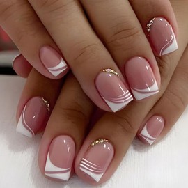 Square Press on Nails Short Fake Nails with Rhinestones Designs White French Tip Nails Press ons Glossy Glue on Nails Pink Full Cover Stick on Nails for Women 24Pcs