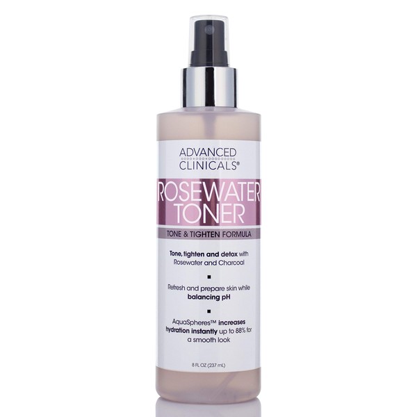 Advanced Clinicals Collagen + Rosewater Facial Mist Toner W/Charcoal & Aloe Vera. Alcohol-Free PH Balancing Formula Detoxifies & Hydrates Skin Improving Overall Skin Tone, Calming Face Mist, 8 Fl Oz