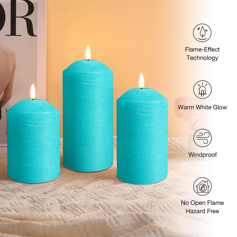 Eywamage Turquoise Blue Flameless Pillar Candles with Remote, Flickering LED