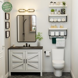 KLUVIS Bathroom Floating Shelves Over Toilet - Shelf Above Toilet Storage Small Farmhouse Decor Shelves (15.7 inch, Set of 3, Distressed White and Black)