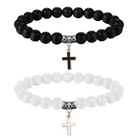 FloraMolly Matching Bracelets for Couples, 2 pcs Black White Cross Bracelet Stone Beaded Bracelet for Girls Boys Teen