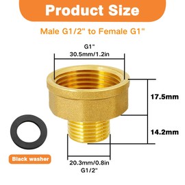 Reducer G1/2 Inch to G1 Inch Made of Brass, 2 Pieces Reducer Extension G1/2 Inch Outer (Diameter 20.3 mm) x G1 Inch Inner (Diameter 30.5 mm), AG/Female Thread Reduction Extension, Sleeve Nipple