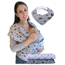 HECKBO Babytragetuch grau mit Herzen – inkl. Baby-Lätzchen & Tasche - extra groß: 520 x 60 cm - hochwertiges & elastisches Baby Tragetuch Wickeltuch für Neugeborene & Babys bis 15 kg