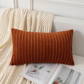 UGASA Fall Velvet 12x20 Inch Lumbar Soft Throw Pillow Covers Decorative Corduroy Striped Both Sides Solid Rectangular Cushion Cases Boho Farmhouse for Couch Bedroom Sofa Home, Pack of 2, Burnt Orange