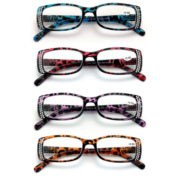 V.W.E.-4 pares de anteojos de lectura rectangulares con diamantes de imitación para mujer, lentes transparentes de leopardo a la moda, lectores Demi Tortoise (4 surtidos, 1,50)