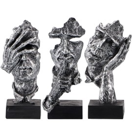 MOLIGOU 3Pcs Thinker Statue, No Hear No See No Speak Abstract Art Figurine, Sculpture Decor for Office, Desktop, Bookshelf (Silver)