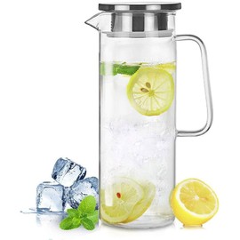 Glass Pitcher with Lid, 34 Oz Heat Resistant Glass Water Carafe with Handle for Fridge, Small Pitcher for Iced Tea, Milk, Hot and Cold Beverage, Glass Juice Jug 1000ML/34oz 1l